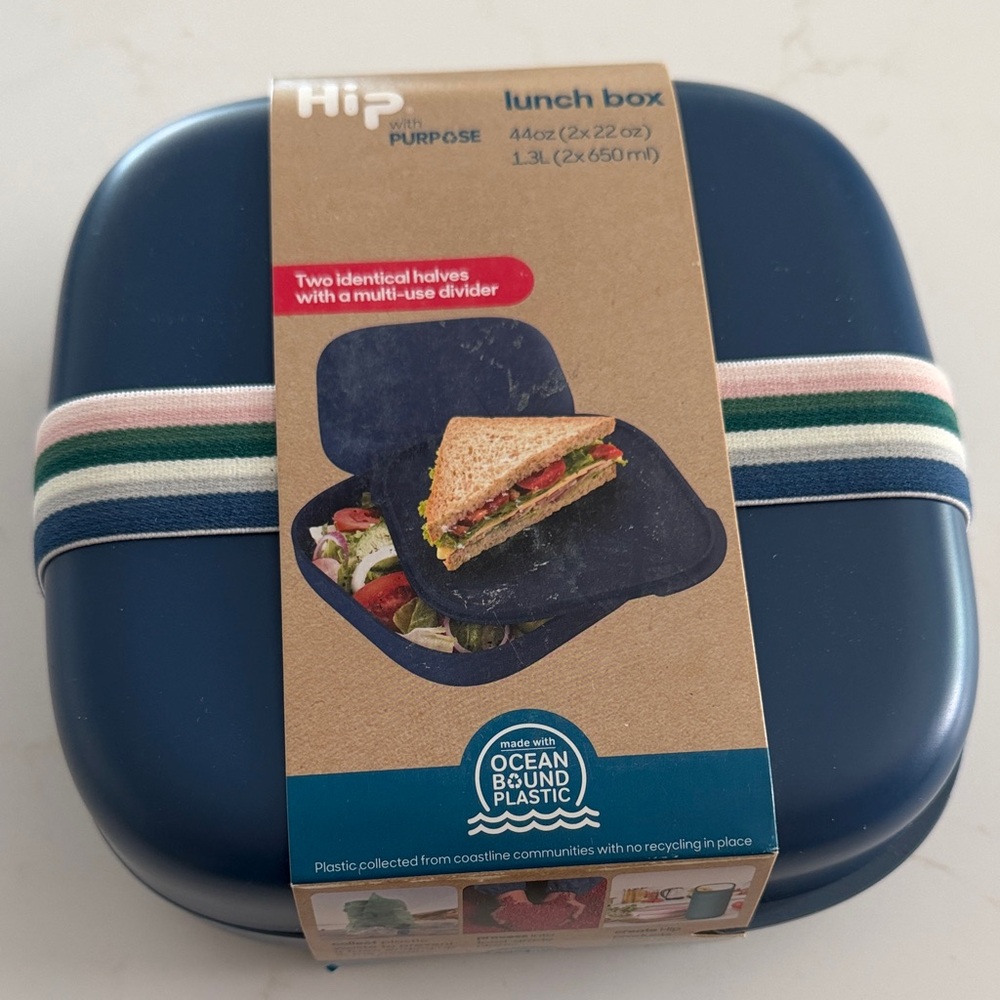 New Hip with Purpose Navy Lunch Box with Striped Elastic Band